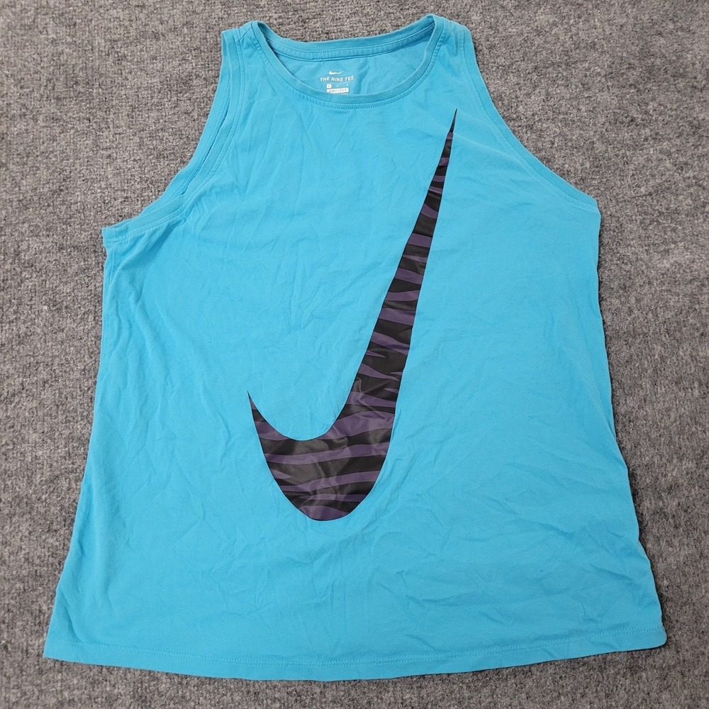 Nike Tank Top Womens Size L Blue Dri-Fit Zebra Swoosh Logo Sleeveless Athletic
